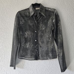 Vintage Y2K S Silver Sheer Iridescent‎ Button Down Long sleeve Collared Blouse